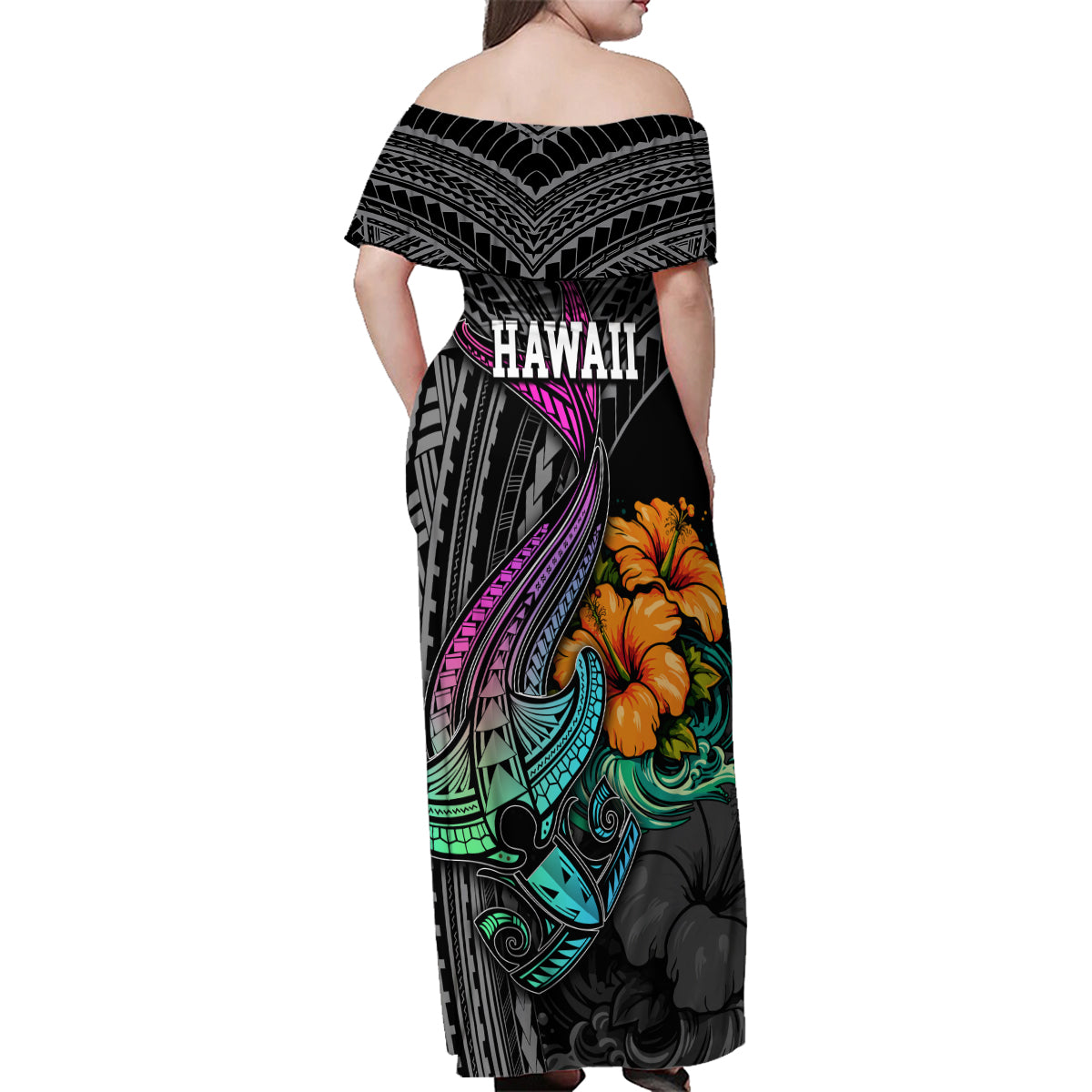 Hawaii Polynesian Family Matching Off Shoulder Maxi Dress and Hawaiian Shirt with Tribal Hammerhead Sharks and Hibiscus Black - Wonder Print Shop