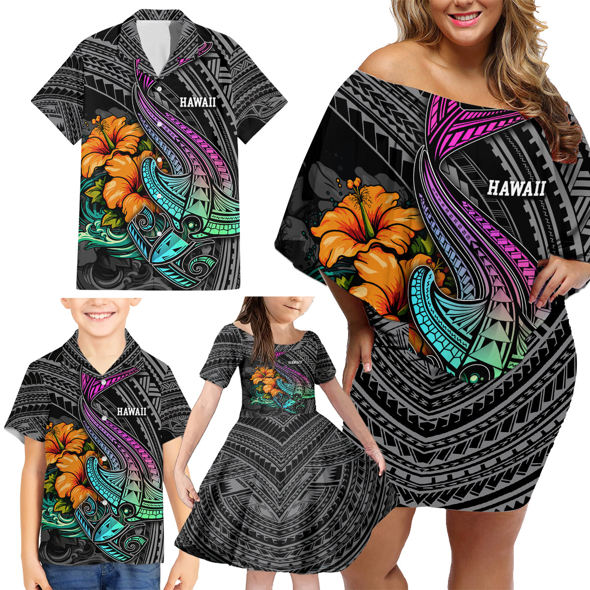 Hawaii Polynesian Family Matching Off Shoulder Short Dress and Hawaiian Shirt with Tribal Hammerhead Sharks and Hibiscus Black - Wonder Print Shop