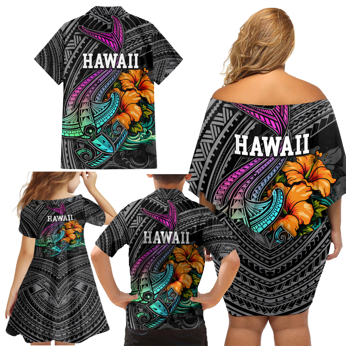 Hawaii Polynesian Family Matching Off Shoulder Short Dress and Hawaiian Shirt with Tribal Hammerhead Sharks and Hibiscus Black - Wonder Print Shop