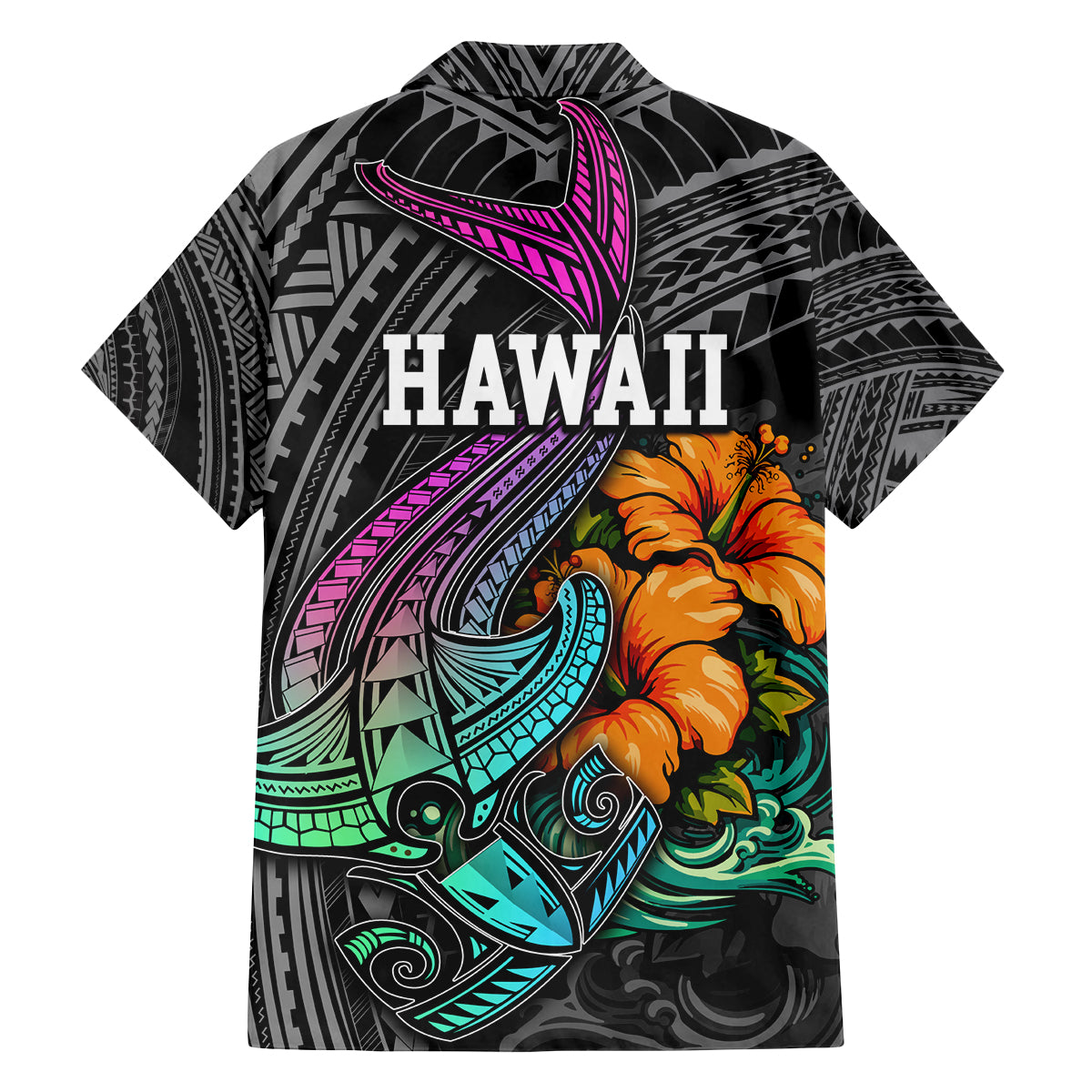 Hawaii Polynesian Family Matching Off Shoulder Short Dress and Hawaiian Shirt with Tribal Hammerhead Sharks and Hibiscus Black - Wonder Print Shop