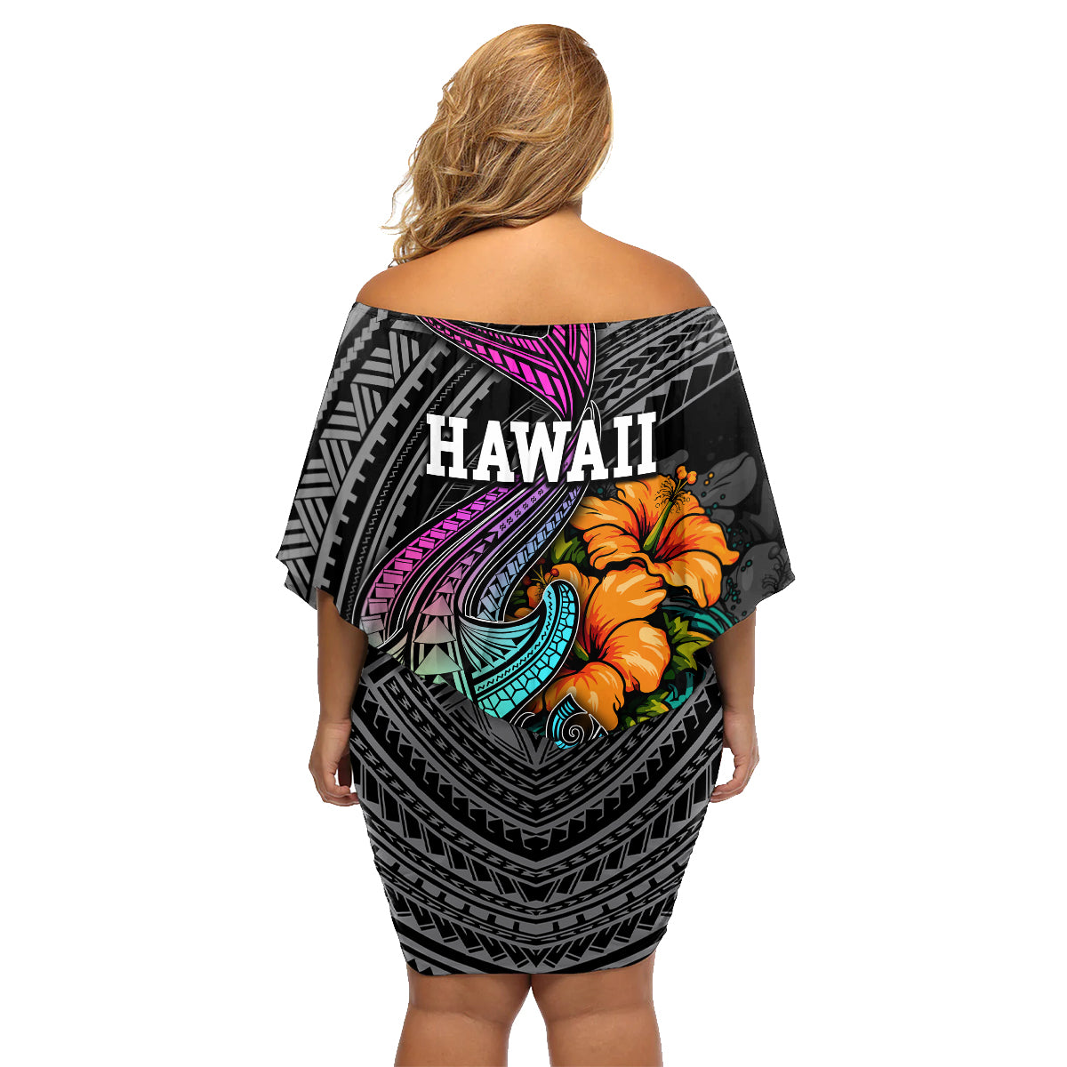Hawaii Polynesian Family Matching Off Shoulder Short Dress and Hawaiian Shirt with Tribal Hammerhead Sharks and Hibiscus Black - Wonder Print Shop