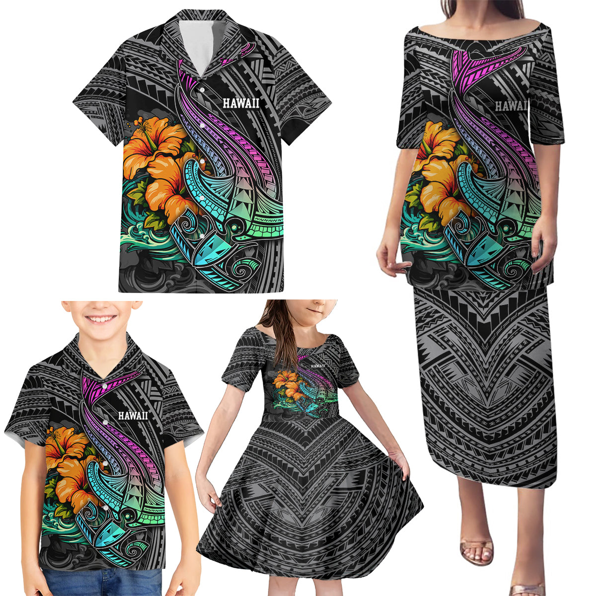 Hawaii Polynesian Family Matching Puletasi Dress and Hawaiian Shirt with Tribal Hammerhead Sharks and Hibiscus Black - Wonder Print Shop