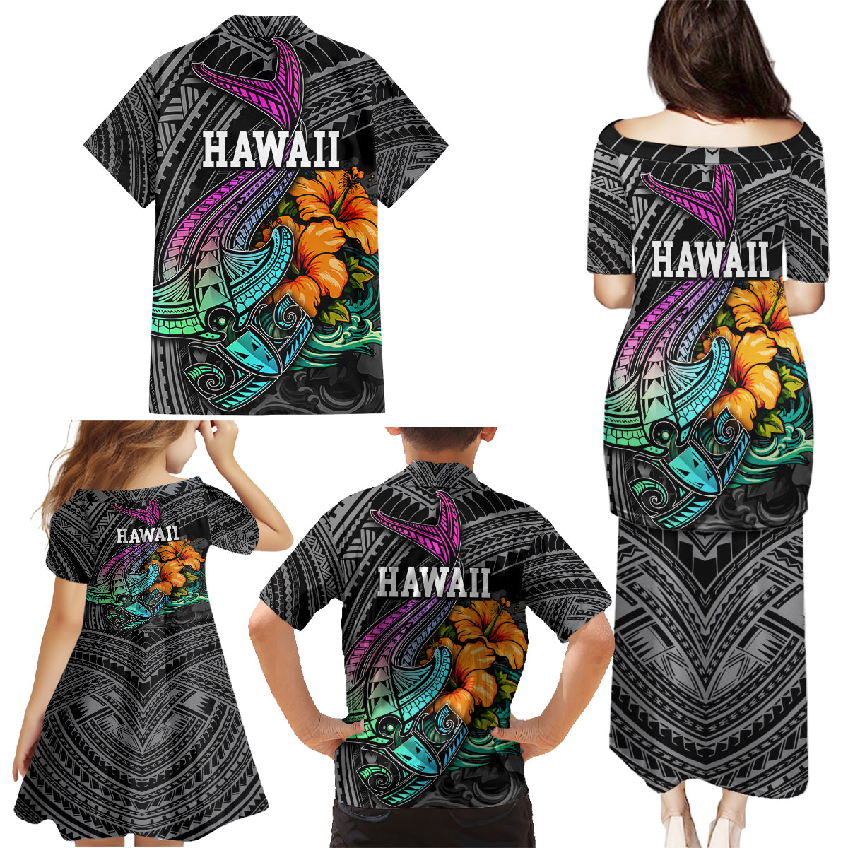 Hawaii Polynesian Family Matching Puletasi Dress and Hawaiian Shirt with Tribal Hammerhead Sharks and Hibiscus Black - Wonder Print Shop