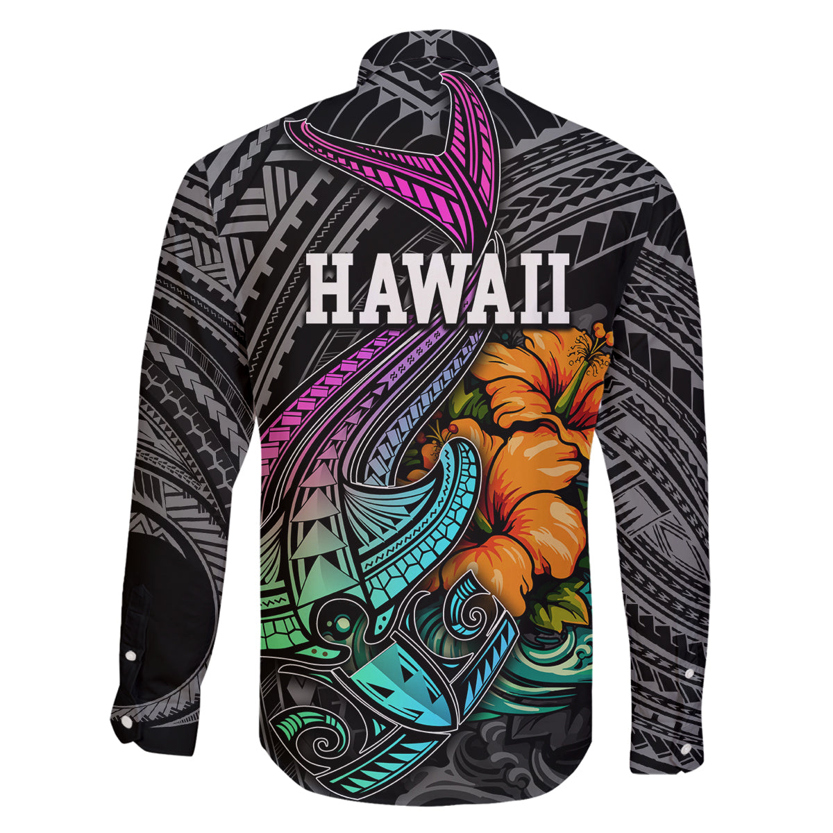 Hawaii Polynesian Family Matching Puletasi Dress and Hawaiian Shirt with Tribal Hammerhead Sharks and Hibiscus Black - Wonder Print Shop