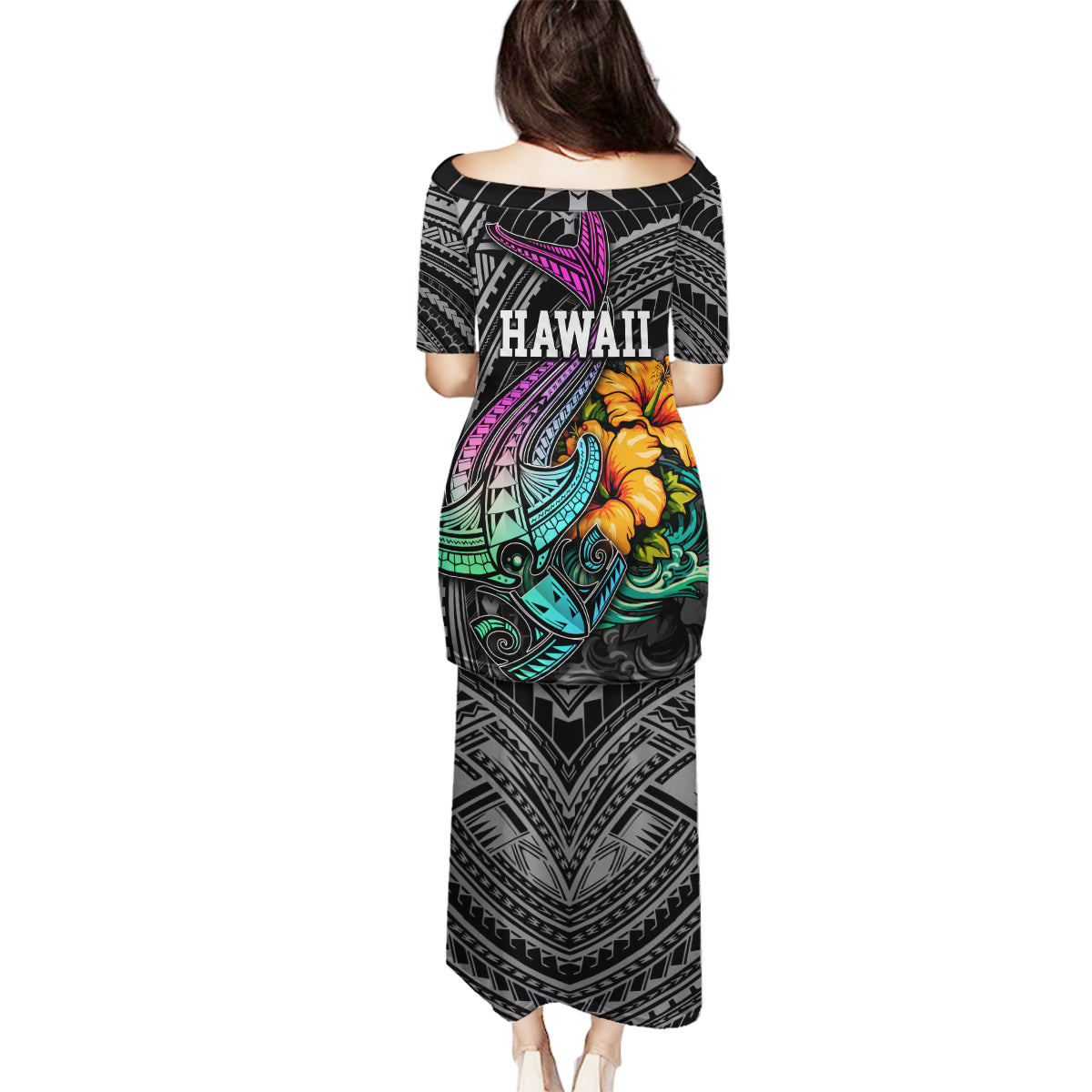 Hawaii Polynesian Family Matching Puletasi Dress and Hawaiian Shirt with Tribal Hammerhead Sharks and Hibiscus Black - Wonder Print Shop