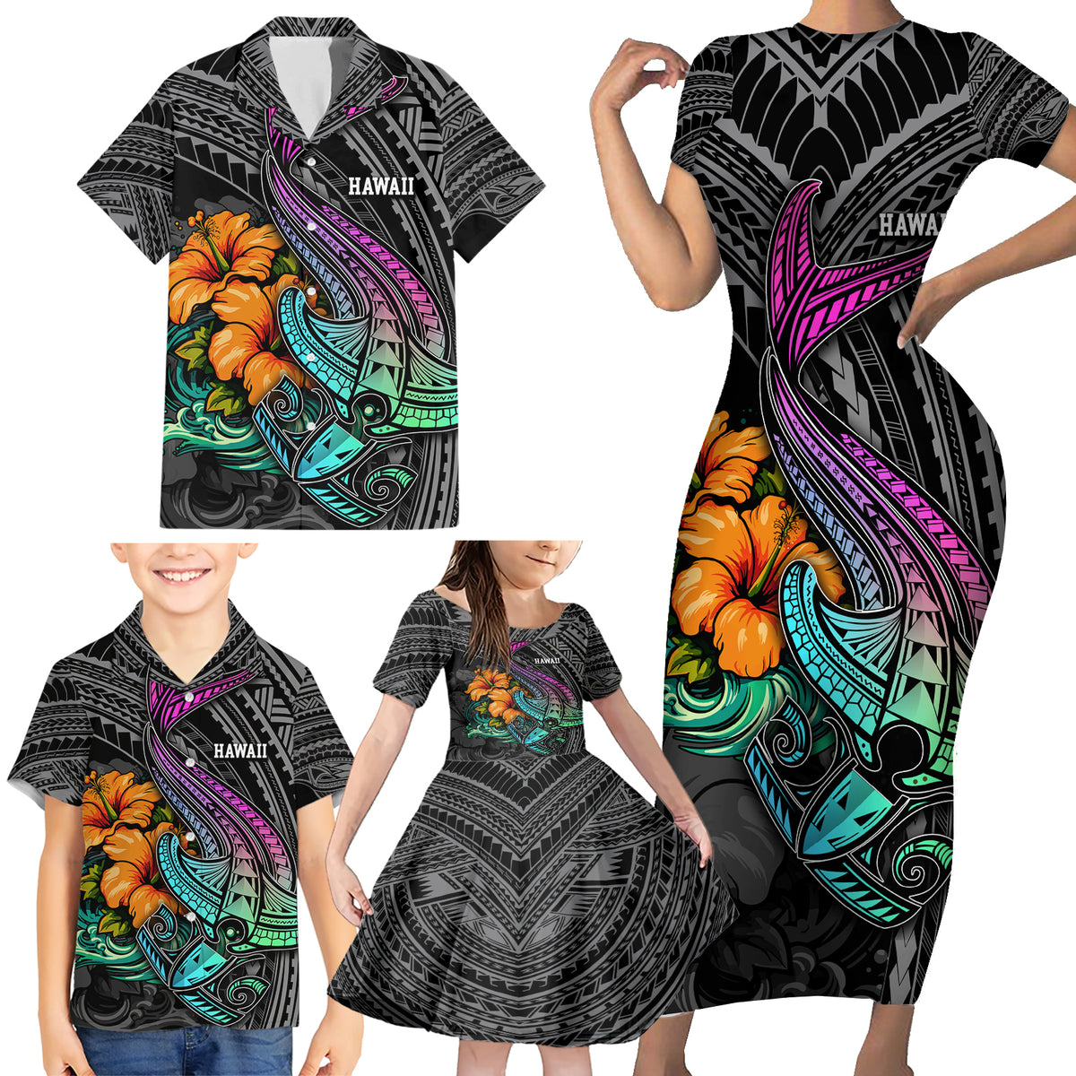 Hawaii Polynesian Family Matching Short Sleeve Bodycon Dress and Hawaiian Shirt with Tribal Hammerhead Sharks and Hibiscus Black - Wonder Print Shop