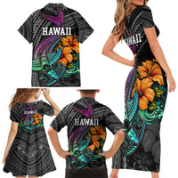 Hawaii Polynesian Family Matching Short Sleeve Bodycon Dress and Hawaiian Shirt with Tribal Hammerhead Sharks and Hibiscus Black - Wonder Print Shop