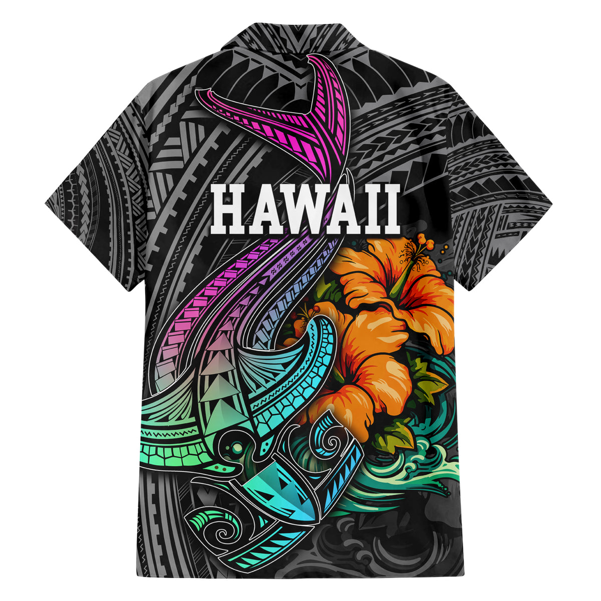 Hawaii Polynesian Family Matching Short Sleeve Bodycon Dress and Hawaiian Shirt with Tribal Hammerhead Sharks and Hibiscus Black - Wonder Print Shop