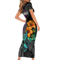 Hawaii Polynesian Family Matching Short Sleeve Bodycon Dress and Hawaiian Shirt with Tribal Hammerhead Sharks and Hibiscus Black - Wonder Print Shop