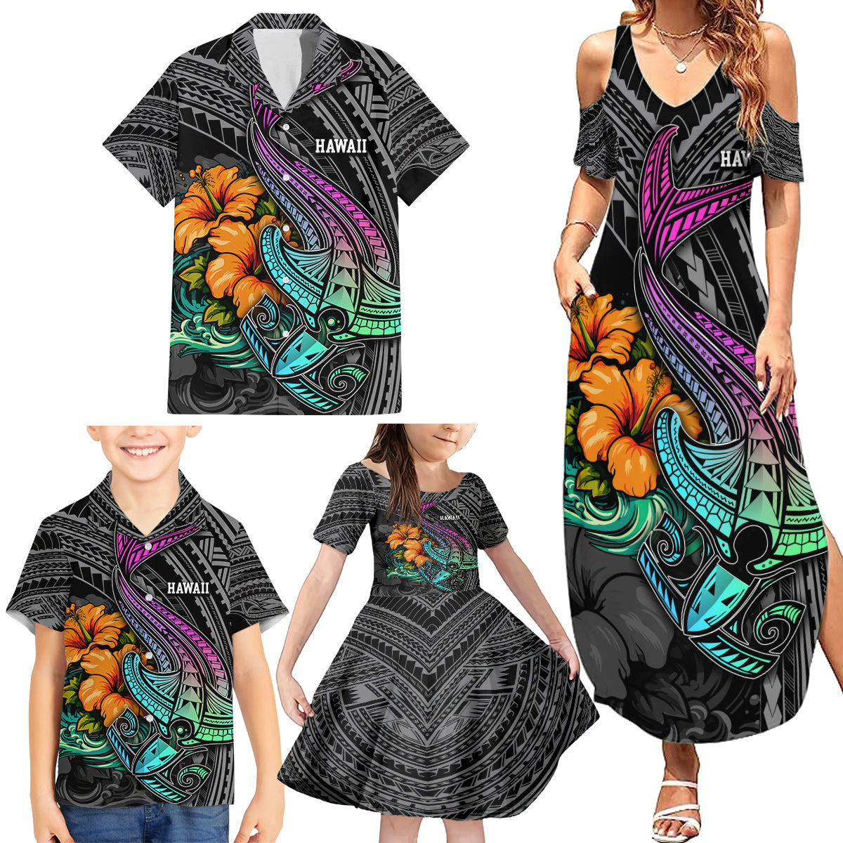 Hawaii Polynesian Family Matching Summer Maxi Dress and Hawaiian Shirt with Tribal Hammerhead Sharks and Hibiscus Black - Wonder Print Shop