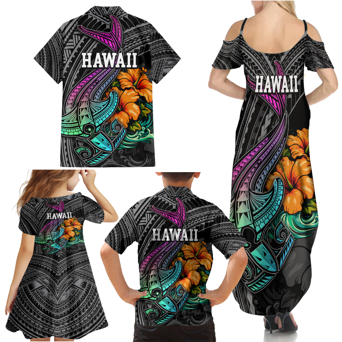 Hawaii Polynesian Family Matching Summer Maxi Dress and Hawaiian Shirt with Tribal Hammerhead Sharks and Hibiscus Black - Wonder Print Shop