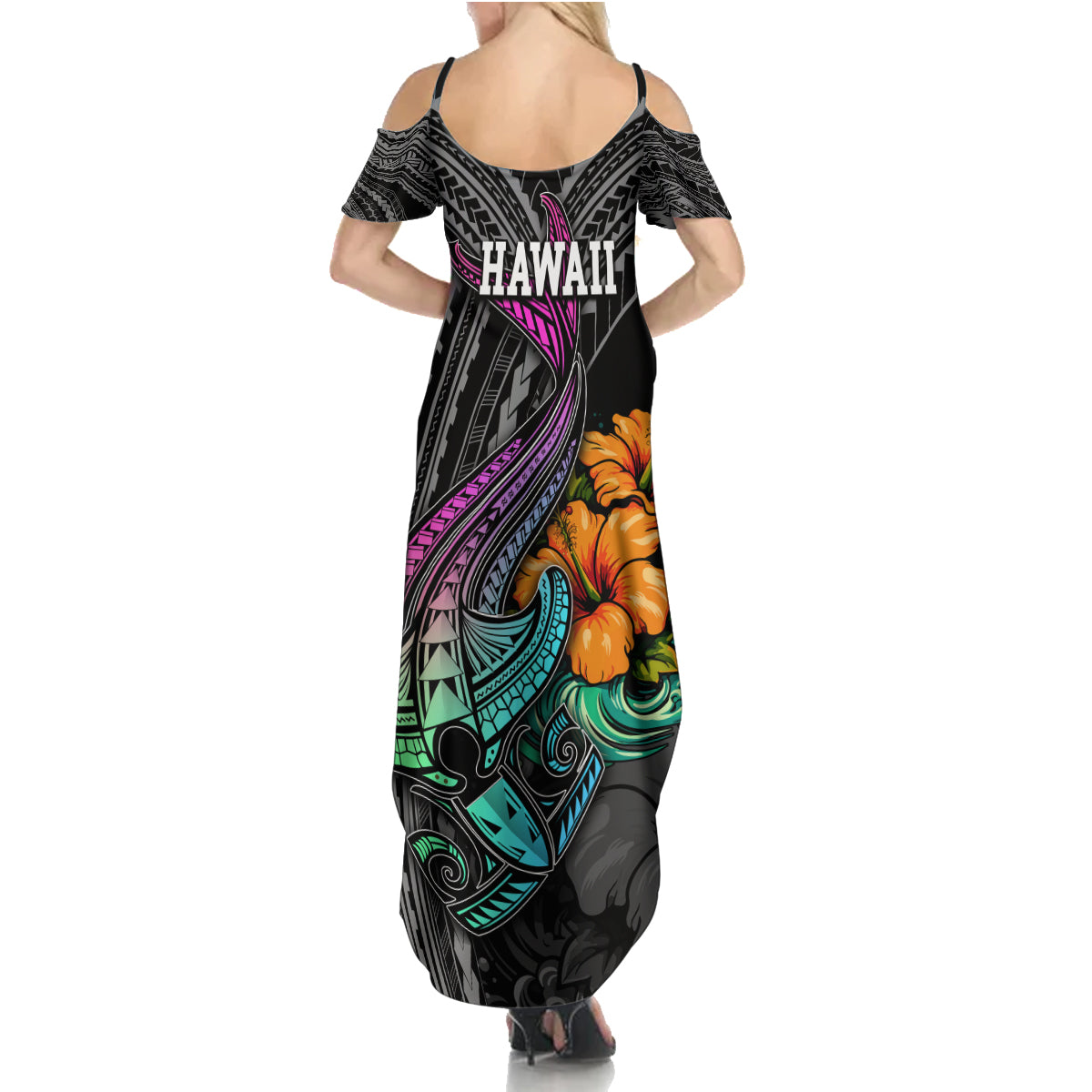 Hawaii Polynesian Family Matching Summer Maxi Dress and Hawaiian Shirt with Tribal Hammerhead Sharks and Hibiscus Black - Wonder Print Shop