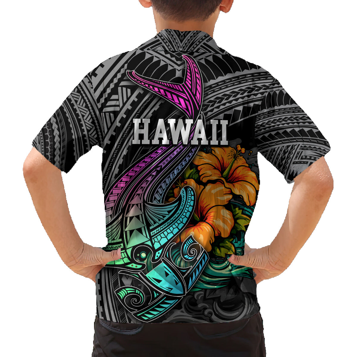 Hawaii Polynesian Family Matching Tank Maxi Dress and Hawaiian Shirt with Tribal Hammerhead Sharks and Hibiscus Black - Wonder Print Shop