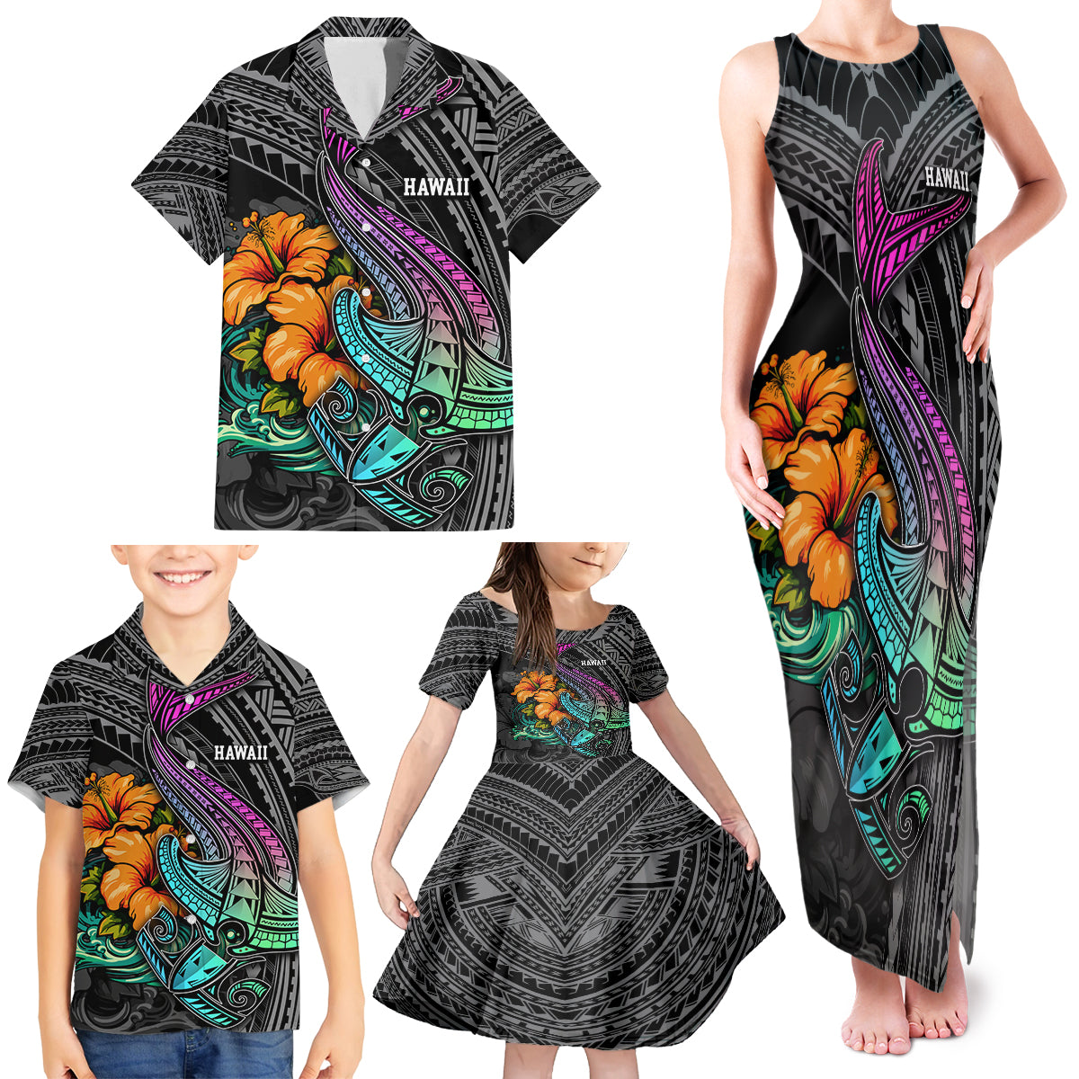 Hawaii Polynesian Family Matching Tank Maxi Dress and Hawaiian Shirt with Tribal Hammerhead Sharks and Hibiscus Black - Wonder Print Shop
