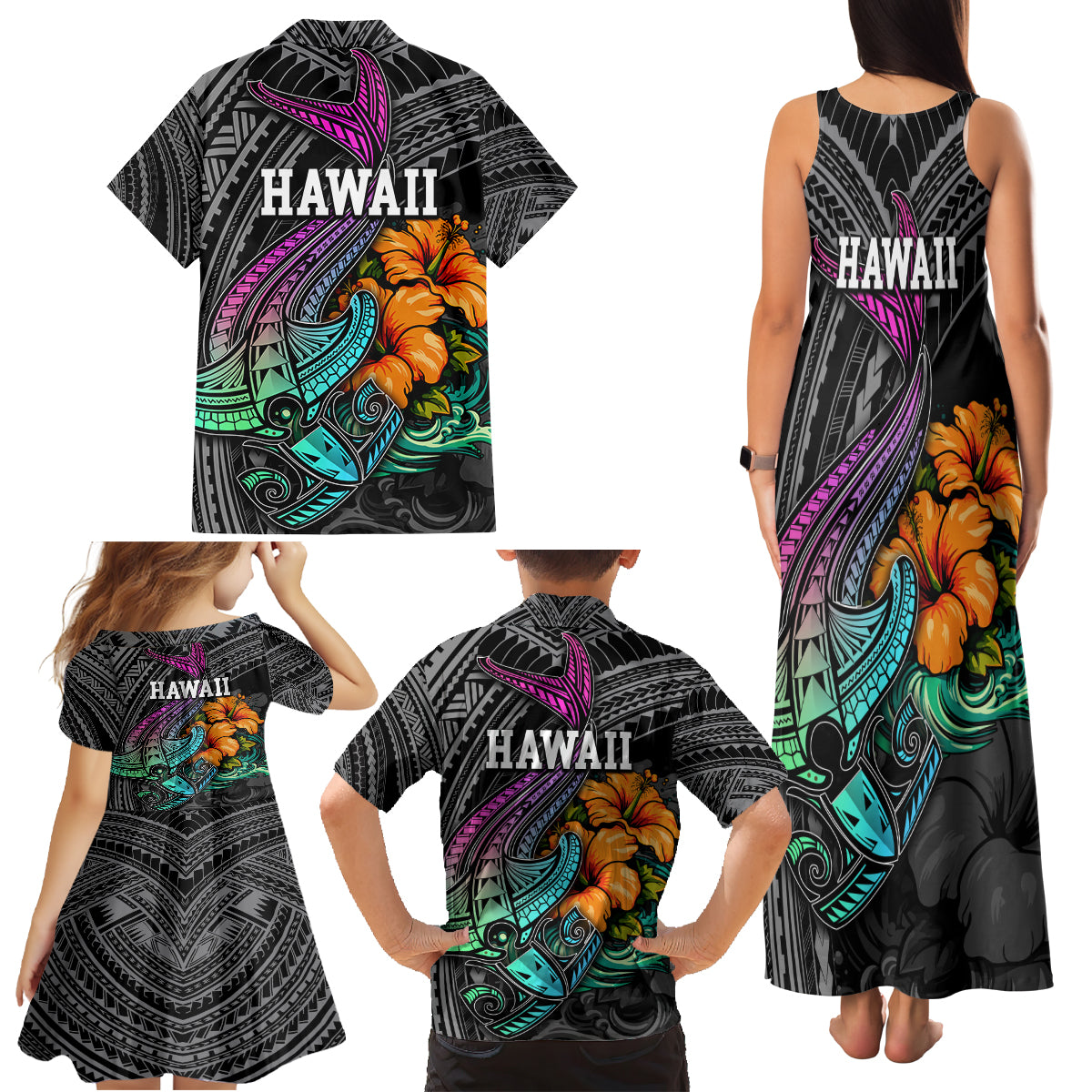 Hawaii Polynesian Family Matching Tank Maxi Dress and Hawaiian Shirt with Tribal Hammerhead Sharks and Hibiscus Black - Wonder Print Shop