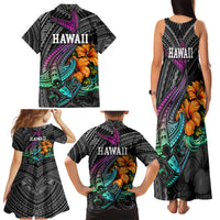 Hawaii Polynesian Family Matching Tank Maxi Dress and Hawaiian Shirt with Tribal Hammerhead Sharks and Hibiscus Black - Wonder Print Shop