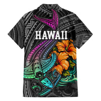 Hawaii Polynesian Hawaiian Shirt with Tribal Hammerhead Sharks and Hibiscus Black - Wonder Print Shop