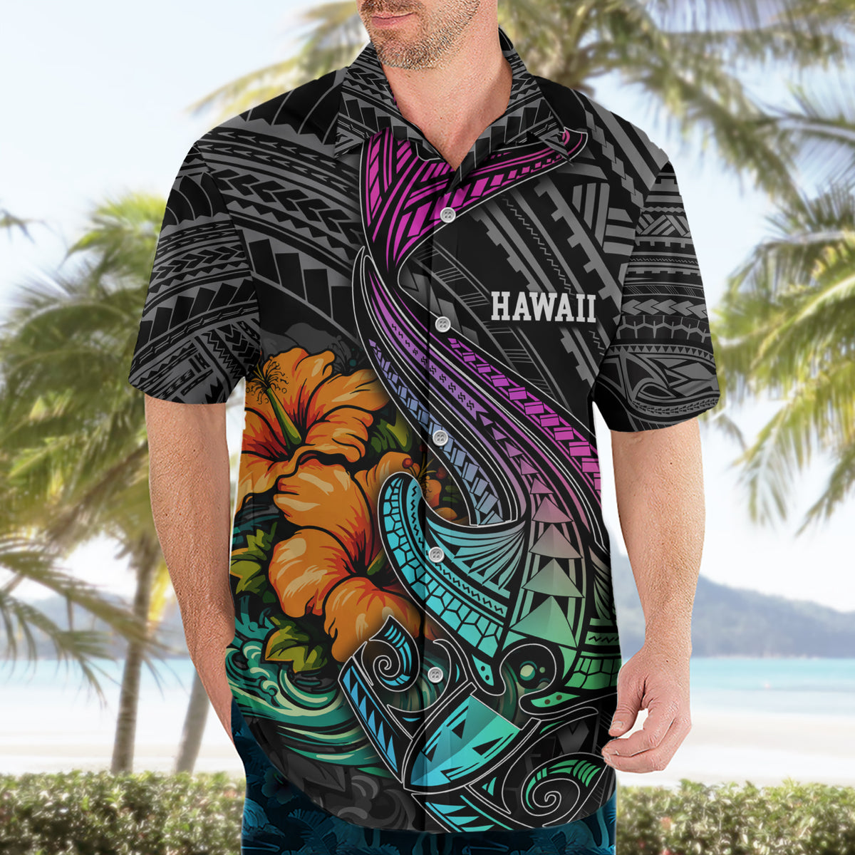Hawaii Polynesian Hawaiian Shirt with Tribal Hammerhead Sharks and Hibiscus Black - Wonder Print Shop