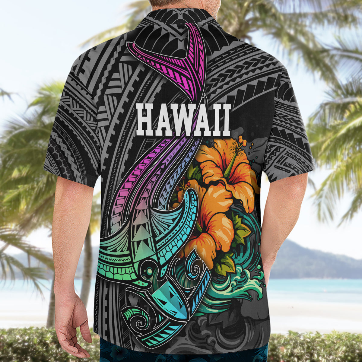 Hawaii Polynesian Hawaiian Shirt with Tribal Hammerhead Sharks and Hibiscus Black - Wonder Print Shop