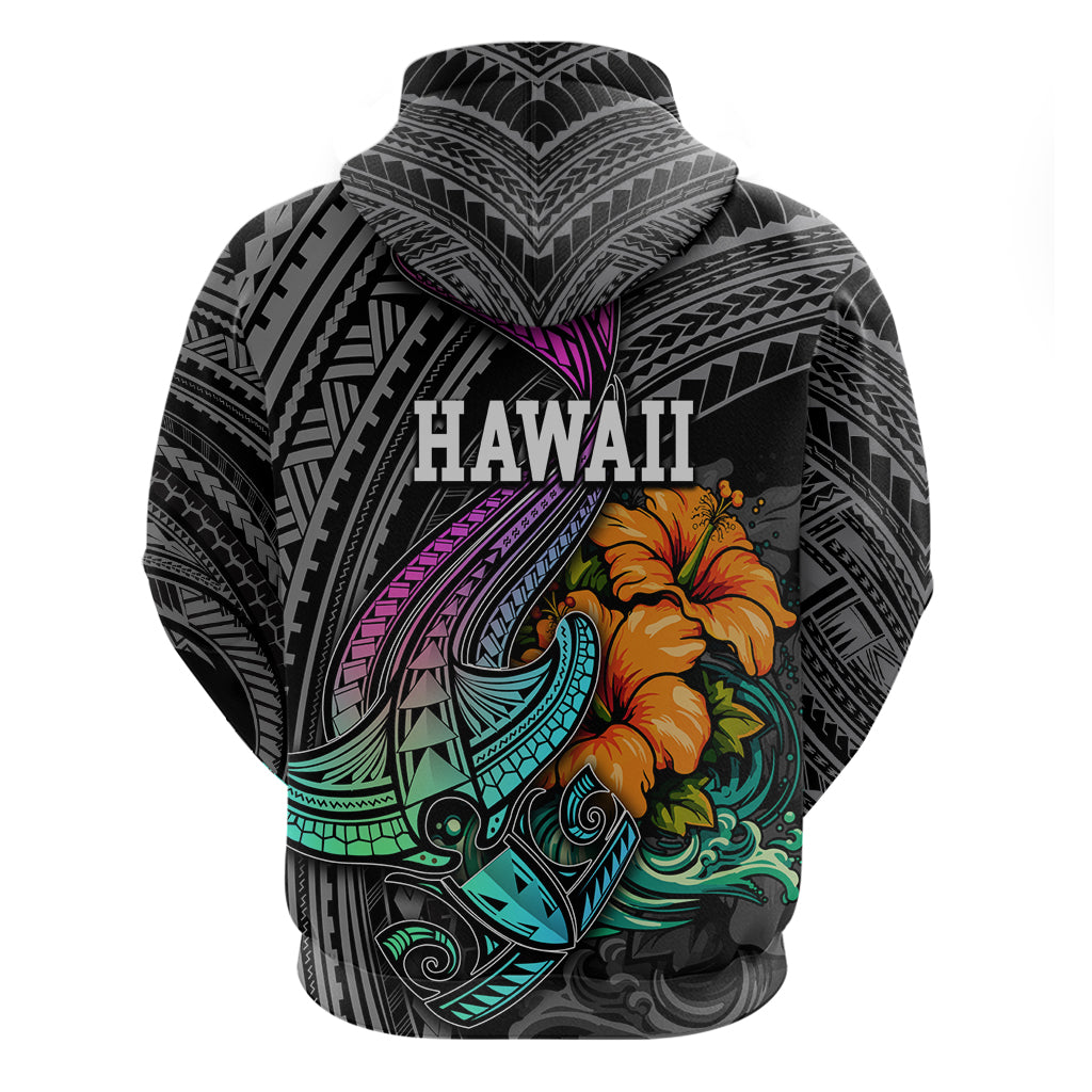 Hawaii Polynesian Hoodie with Tribal Hammerhead Sharks and Hibiscus Black - Wonder Print Shop