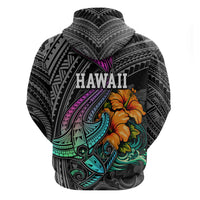 Hawaii Polynesian Hoodie with Tribal Hammerhead Sharks and Hibiscus Black - Wonder Print Shop
