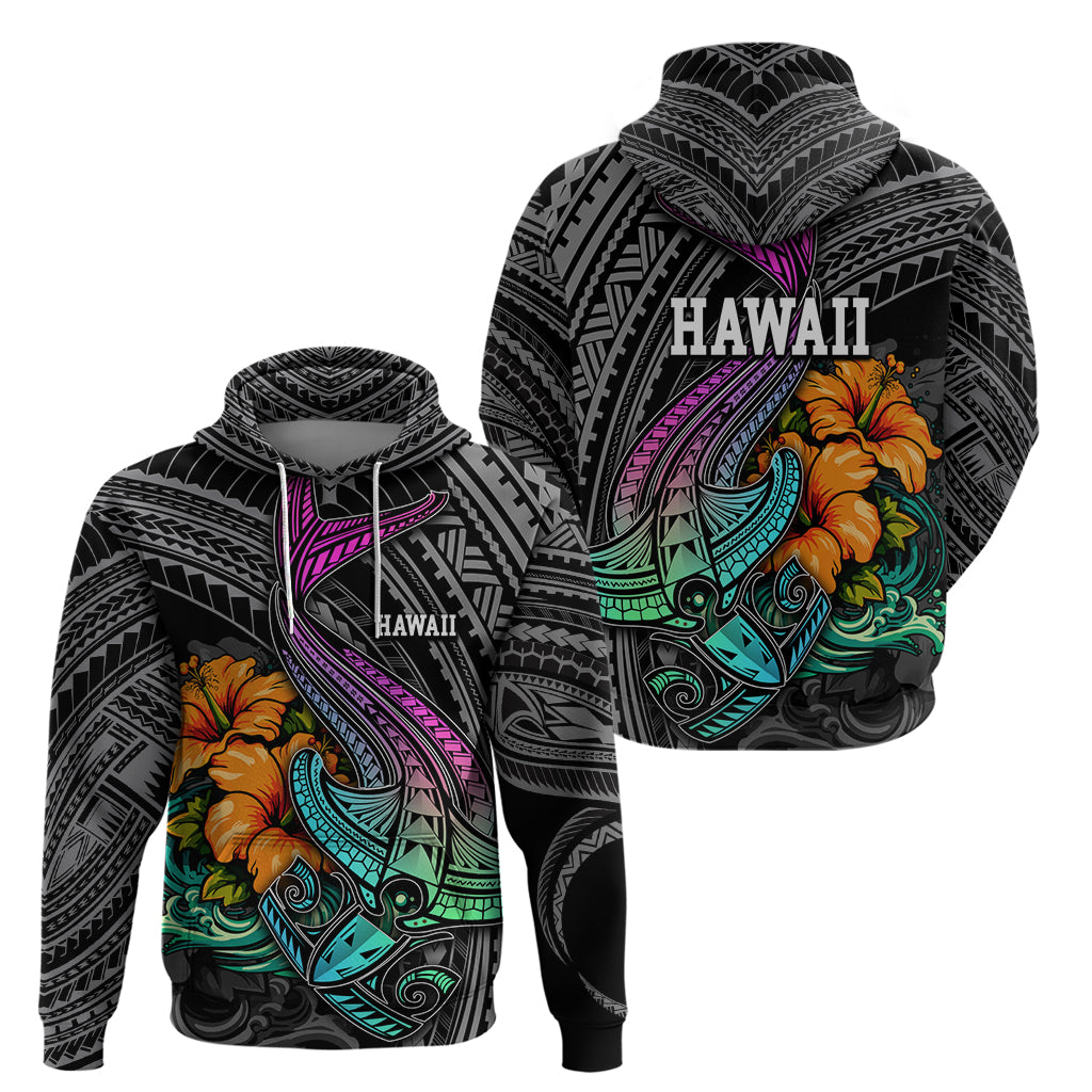 Hawaii Polynesian Hoodie with Tribal Hammerhead Sharks and Hibiscus Black - Wonder Print Shop