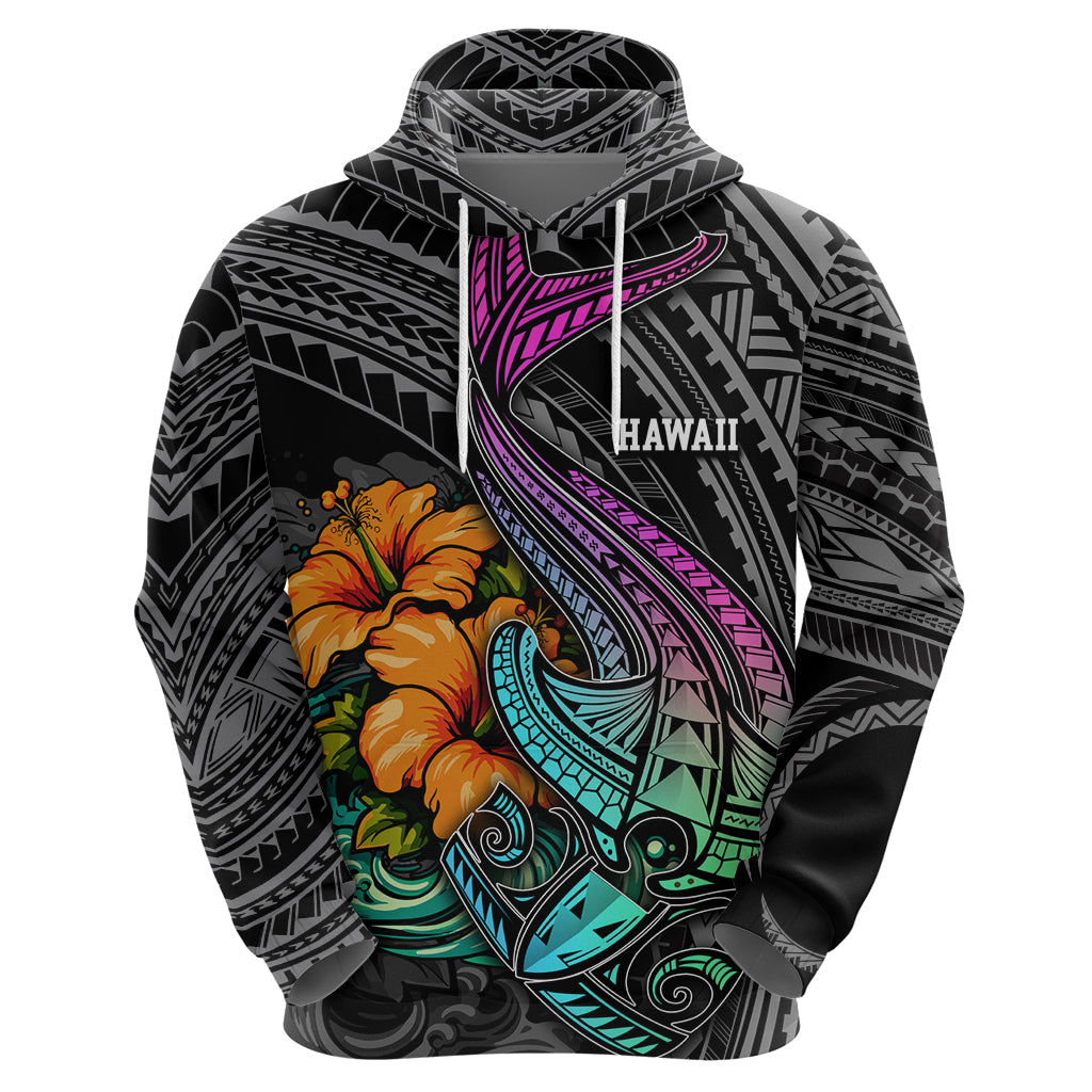 Hawaii Polynesian Hoodie with Tribal Hammerhead Sharks and Hibiscus Black - Wonder Print Shop