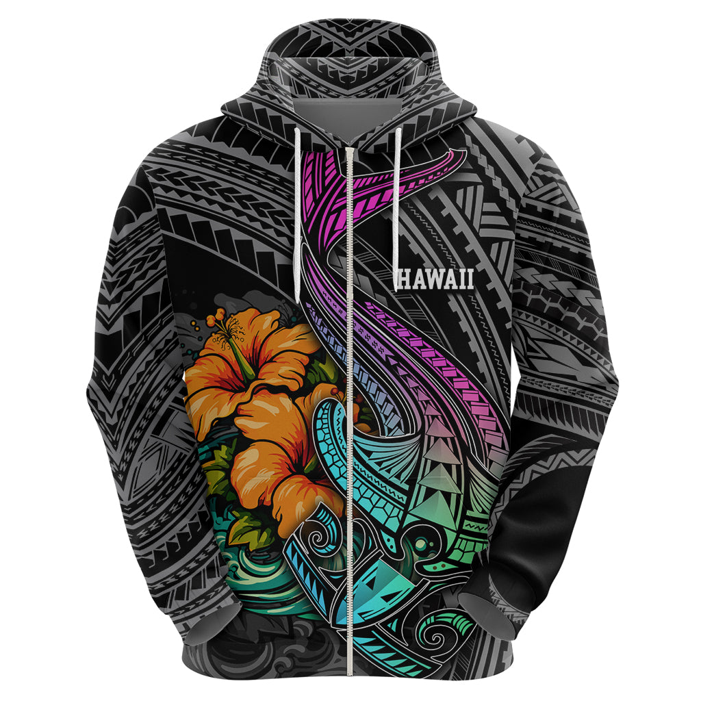 Hawaii Polynesian Hoodie with Tribal Hammerhead Sharks and Hibiscus Black - Wonder Print Shop