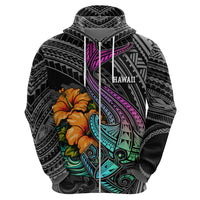 Hawaii Polynesian Hoodie with Tribal Hammerhead Sharks and Hibiscus Black - Wonder Print Shop