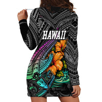 Hawaii Polynesian Hoodie Dress with Tribal Hammerhead Sharks and Hibiscus Black - Wonder Print Shop