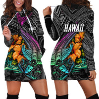 Hawaii Polynesian Hoodie Dress with Tribal Hammerhead Sharks and Hibiscus Black - Wonder Print Shop