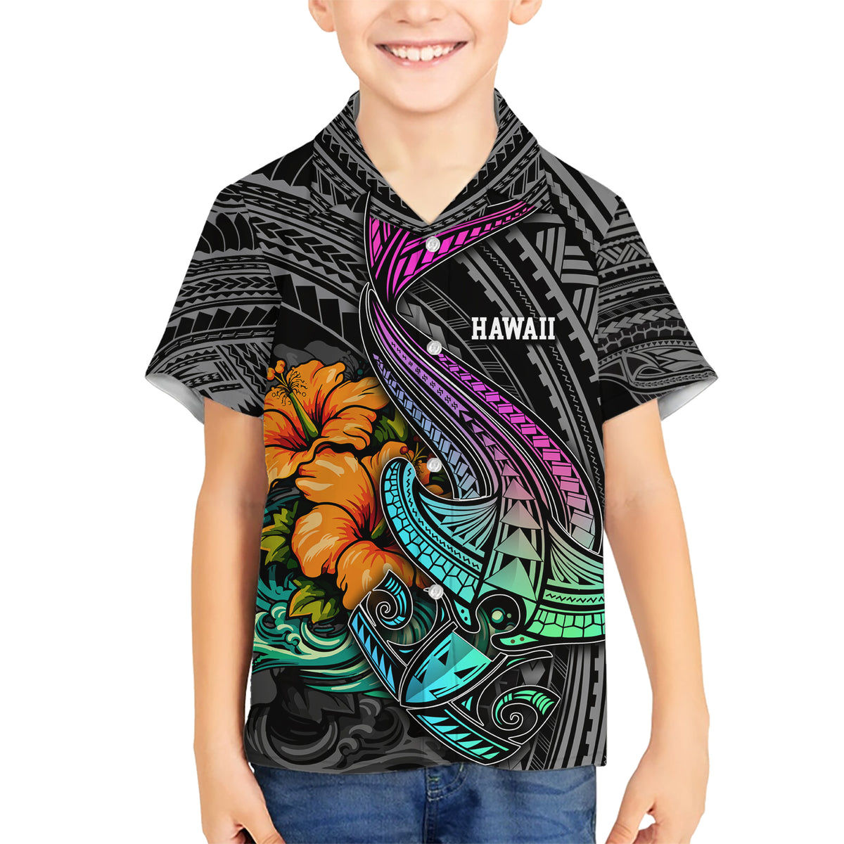 Hawaii Polynesian Kid Hawaiian Shirt with Tribal Hammerhead Sharks and Hibiscus Black - Wonder Print Shop