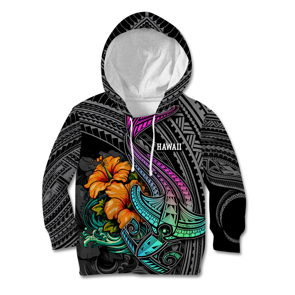 Hawaii Polynesian Kid Hoodie with Tribal Hammerhead Sharks and Hibiscus Black - Wonder Print Shop