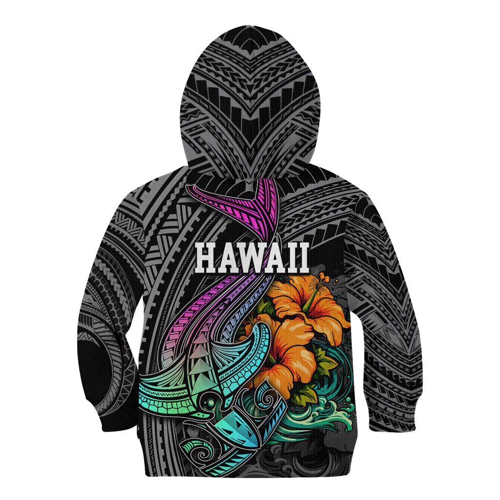 Hawaii Polynesian Kid Hoodie with Tribal Hammerhead Sharks and Hibiscus Black - Wonder Print Shop