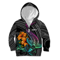 Hawaii Polynesian Kid Hoodie with Tribal Hammerhead Sharks and Hibiscus Black - Wonder Print Shop