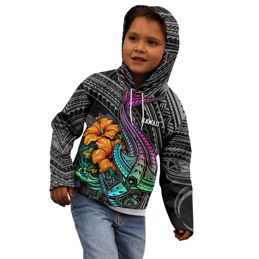 Hawaii Polynesian Kid Hoodie with Tribal Hammerhead Sharks and Hibiscus Black - Wonder Print Shop