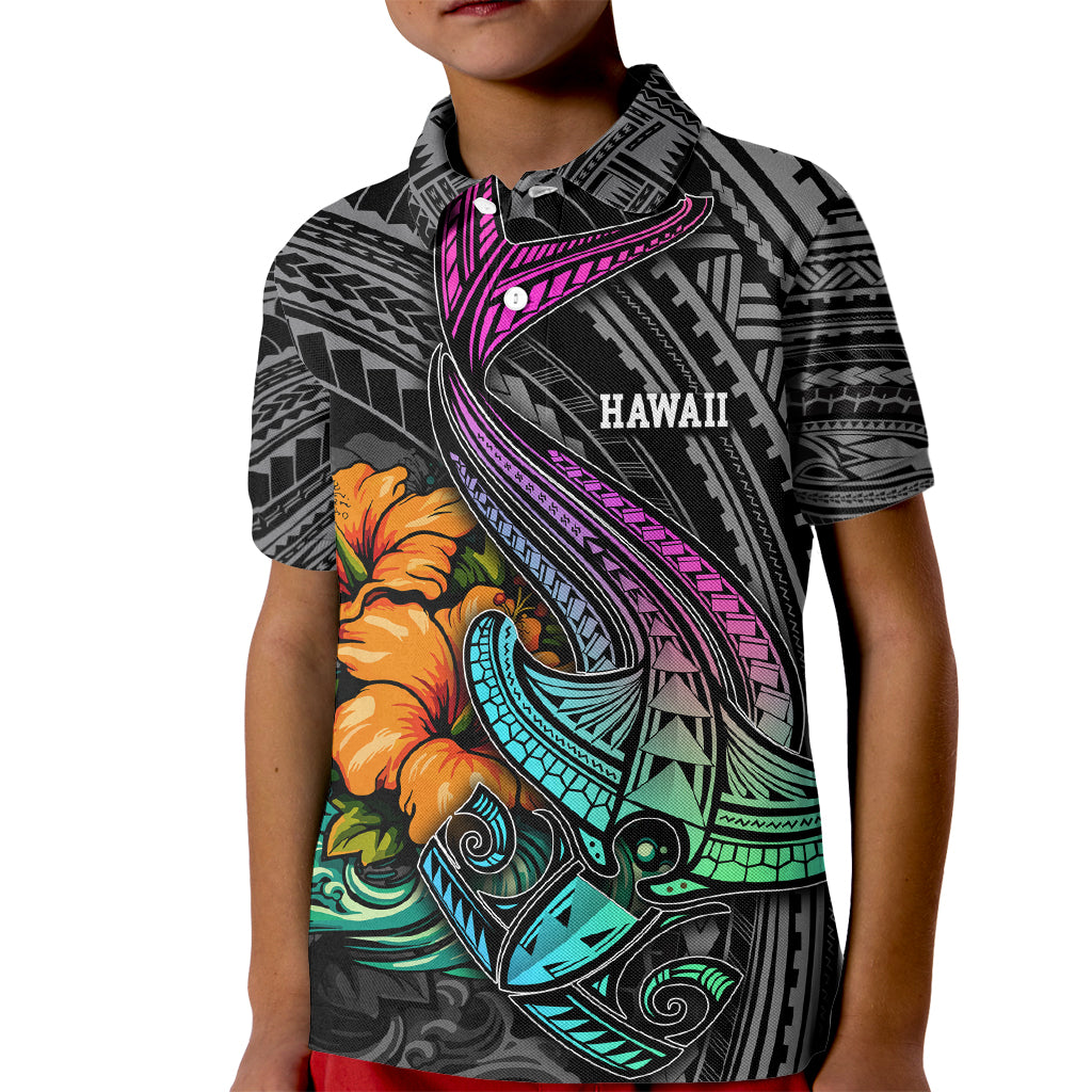 Hawaii Polynesian Kid Polo Shirt with Tribal Hammerhead Sharks and Hibiscus Black - Wonder Print Shop