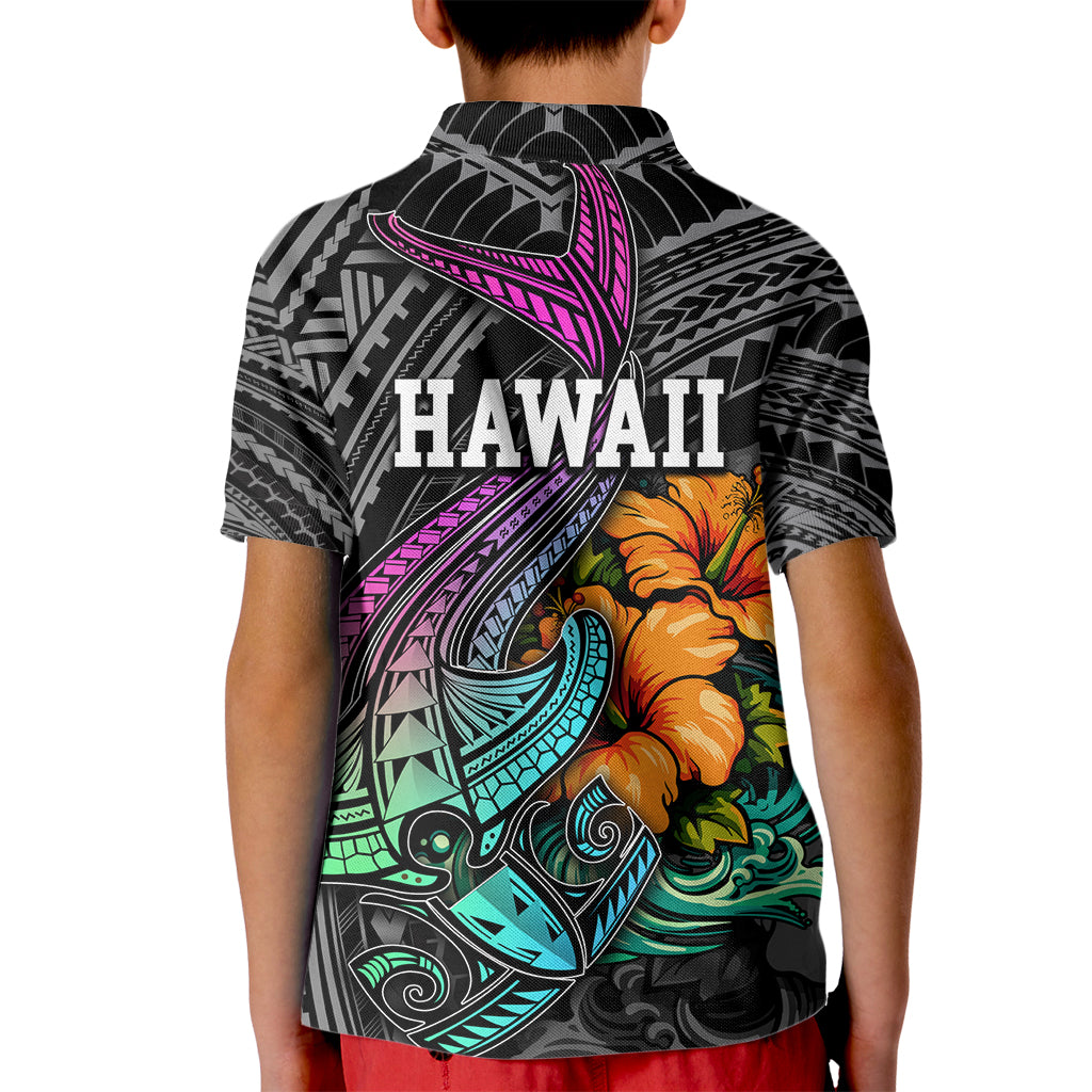 Hawaii Polynesian Kid Polo Shirt with Tribal Hammerhead Sharks and Hibiscus Black - Wonder Print Shop