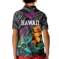 Hawaii Polynesian Kid Polo Shirt with Tribal Hammerhead Sharks and Hibiscus Black - Wonder Print Shop