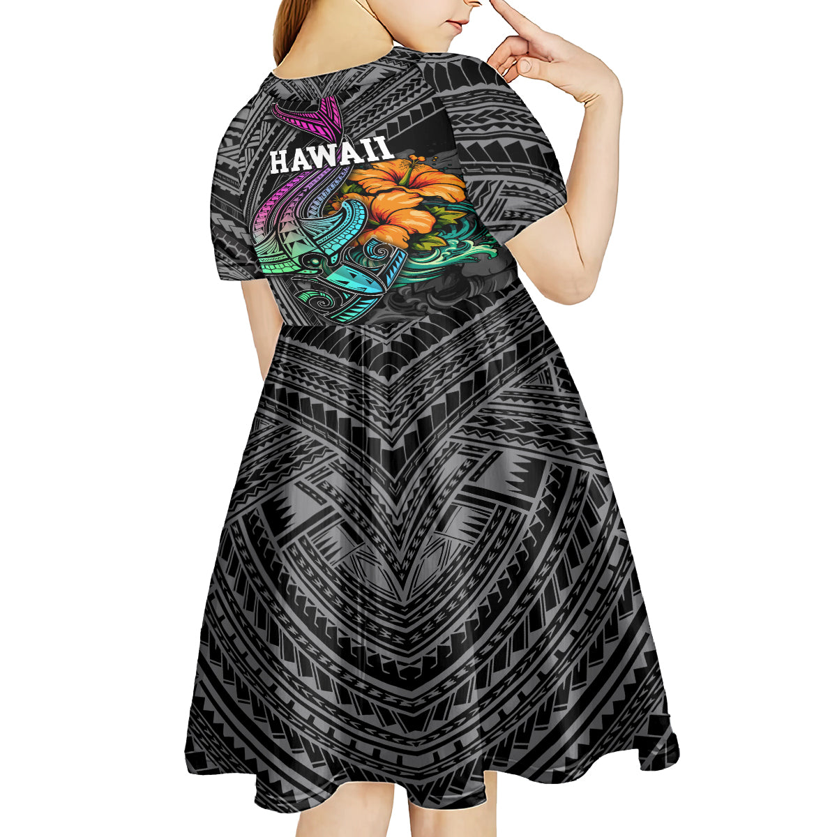 Hawaii Polynesian Kid Short Sleeve Dress with Tribal Hammerhead Sharks and Hibiscus Black - Wonder Print Shop