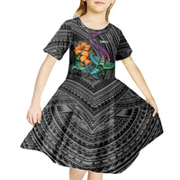 Hawaii Polynesian Kid Short Sleeve Dress with Tribal Hammerhead Sharks and Hibiscus Black - Wonder Print Shop