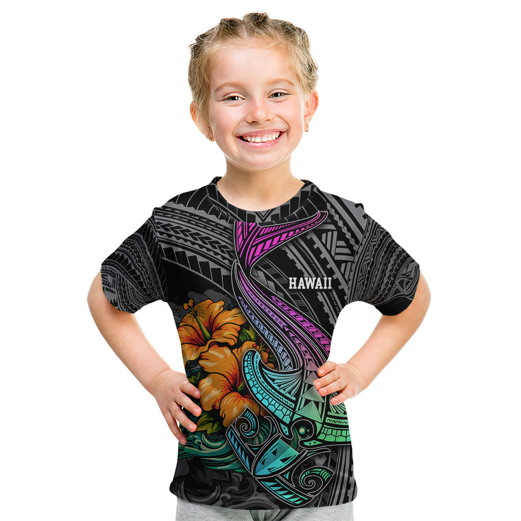 Hawaii Polynesian Kid T Shirt with Tribal Hammerhead Sharks and Hibiscus Black - Wonder Print Shop