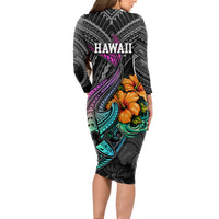 Hawaii Polynesian Long Sleeve Bodycon Dress with Tribal Hammerhead Sharks and Hibiscus Black - Wonder Print Shop