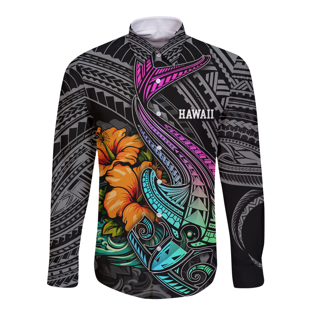 Hawaii Polynesian Long Sleeve Button Shirt with Tribal Hammerhead Sharks and Hibiscus Black - Wonder Print Shop