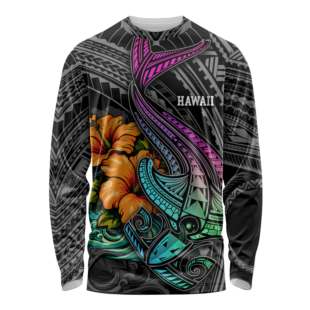 Hawaii Polynesian Long Sleeve Shirt with Tribal Hammerhead Sharks and Hibiscus Black - Wonder Print Shop