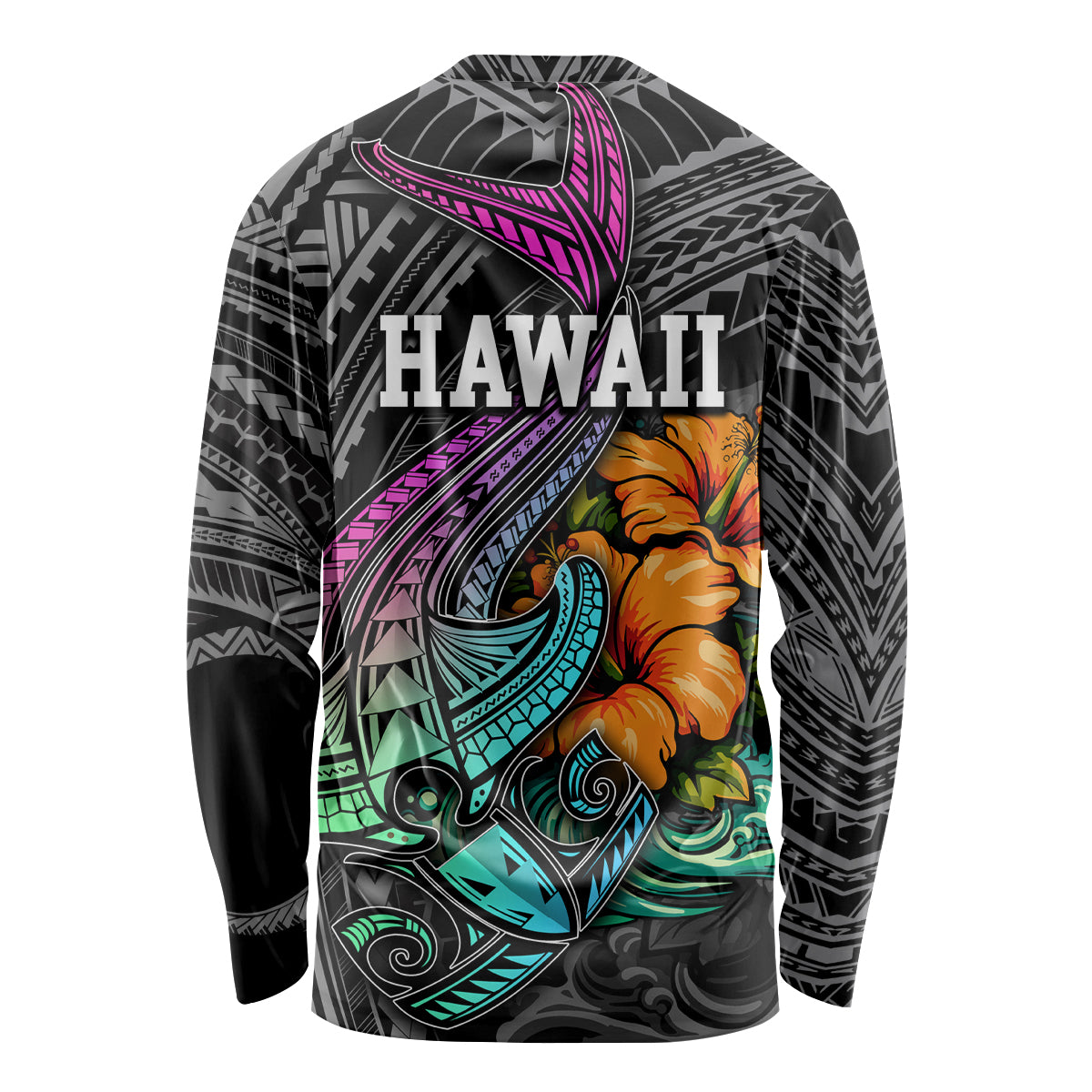 Hawaii Polynesian Long Sleeve Shirt with Tribal Hammerhead Sharks and Hibiscus Black - Wonder Print Shop