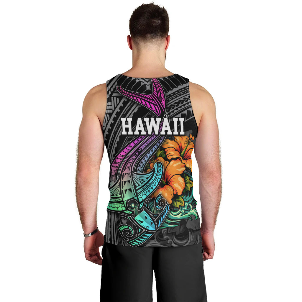 Hawaii Polynesian Men Tank Top with Tribal Hammerhead Sharks and Hibiscus Black - Wonder Print Shop