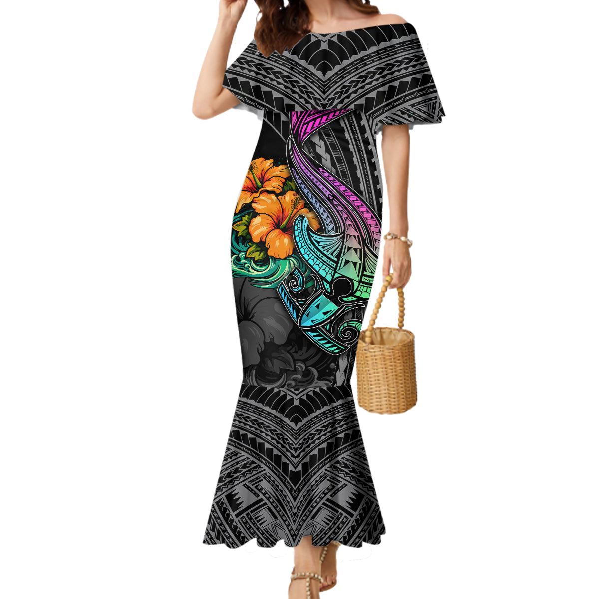 Hawaii Polynesian Mermaid Dress with Tribal Hammerhead Sharks and Hibiscus Black - Wonder Print Shop