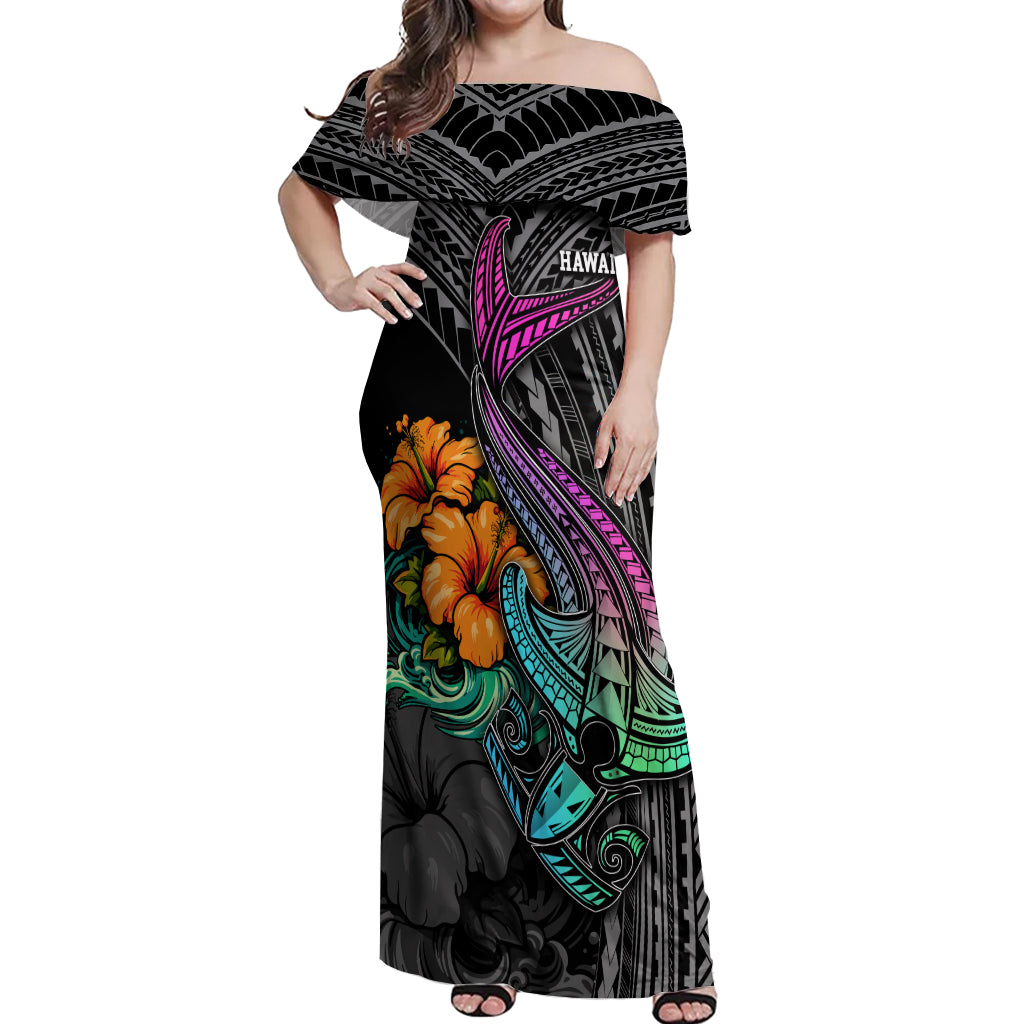 Hawaii Polynesian Off Shoulder Maxi Dress with Tribal Hammerhead Sharks and Hibiscus Black - Wonder Print Shop