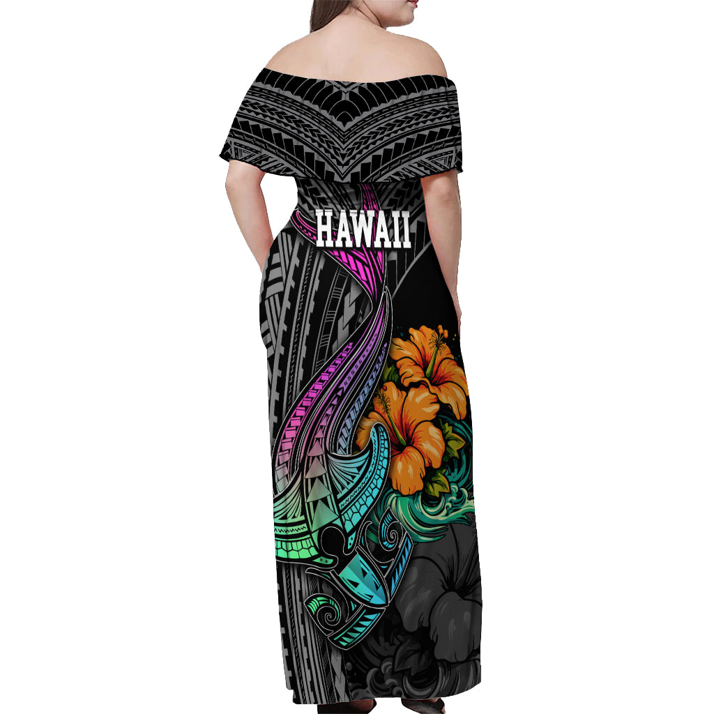 Hawaii Polynesian Off Shoulder Maxi Dress with Tribal Hammerhead Sharks and Hibiscus Black - Wonder Print Shop